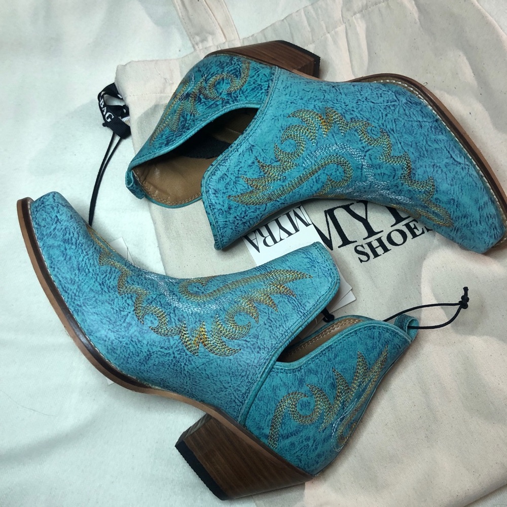 Myra Turquoise Ankle Booties with Gold Accents. Run Large - Picture 1 of 16